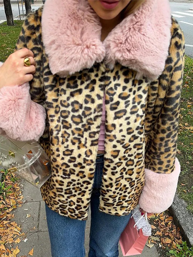 Aiertu  -  casual winter outfits Faux Fur Lapel Patchwork Female Jacket Leopard Loose Print Women Coat Lapel 2024 Vintage Winter  Single Breasted Lady Outwear Aiertu