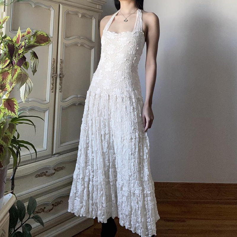 Aiertu - White Floral Lace Halter Maxi Dress Aiertu