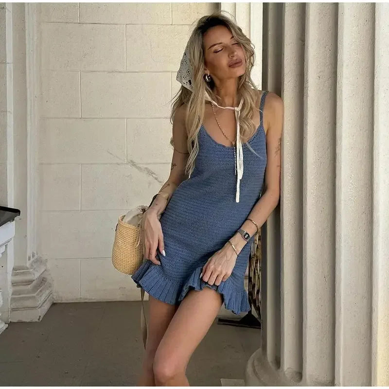 Aiertu  -  Ruffle Hollow Out Short Beach Dress Women Knitted Sleeveless Backless A-line Sling Dresses 2025 Summer Vacation Swimsuit Vestido Aiertu