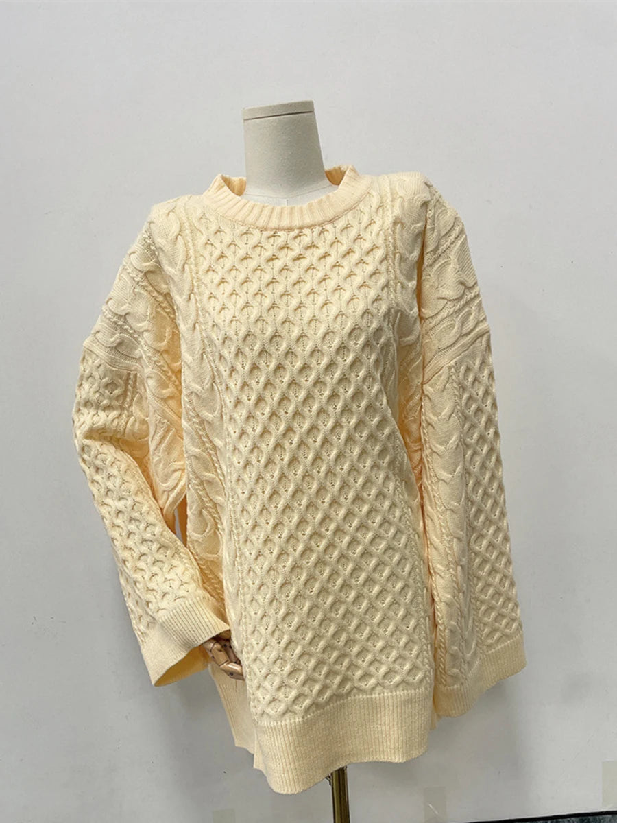 Aiertu  -   Twisted Flower Loose Sweater Women Winter New Round Neck Long Sleeve Oversized Jumper Female Simple Casual Knitted Pullover Tops Aiertu