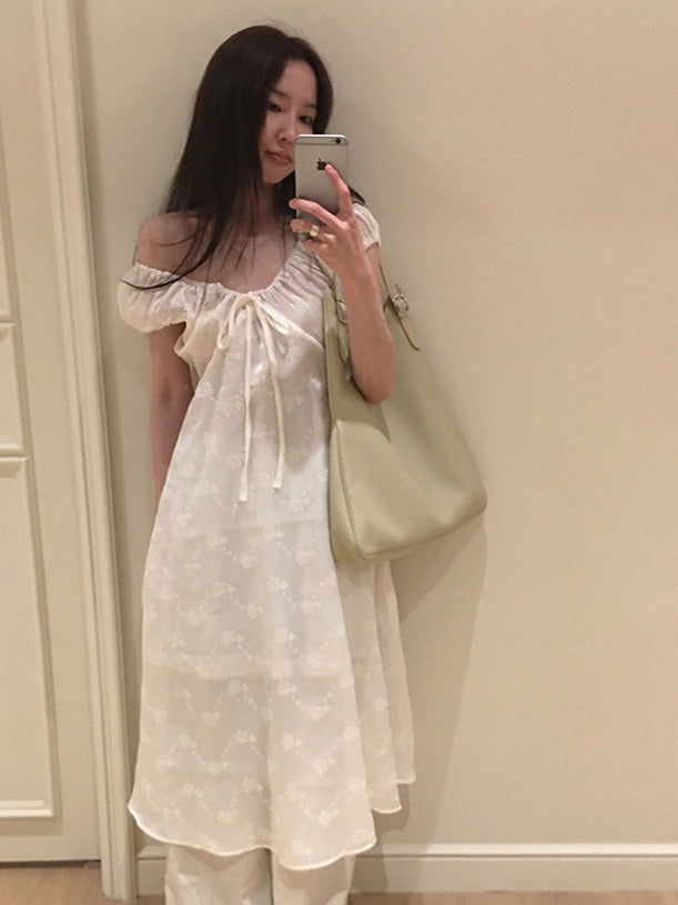 Aiertu  Ele Embroidered A-Line Dr Women's Summer Chic Bow-Tied Long Gown Gentle Sle Korean High Waist ort Sve V-Ne Aiertu