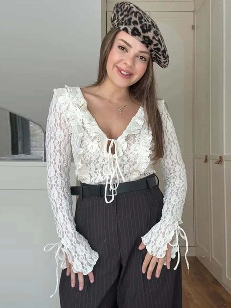 Aiertu  -  Fashion V-neck Solid Lace Laminated Decoration Blouse Women Hole Long Sleeves Loose Lace-up Shirt 2025 Women Spring Streetwear Aiertu