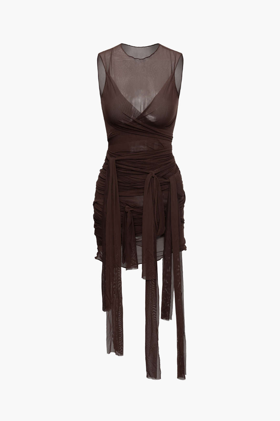 Aiertu  Sheer Mesh Wrap Tie Ribbon Mini Dress Aiertu