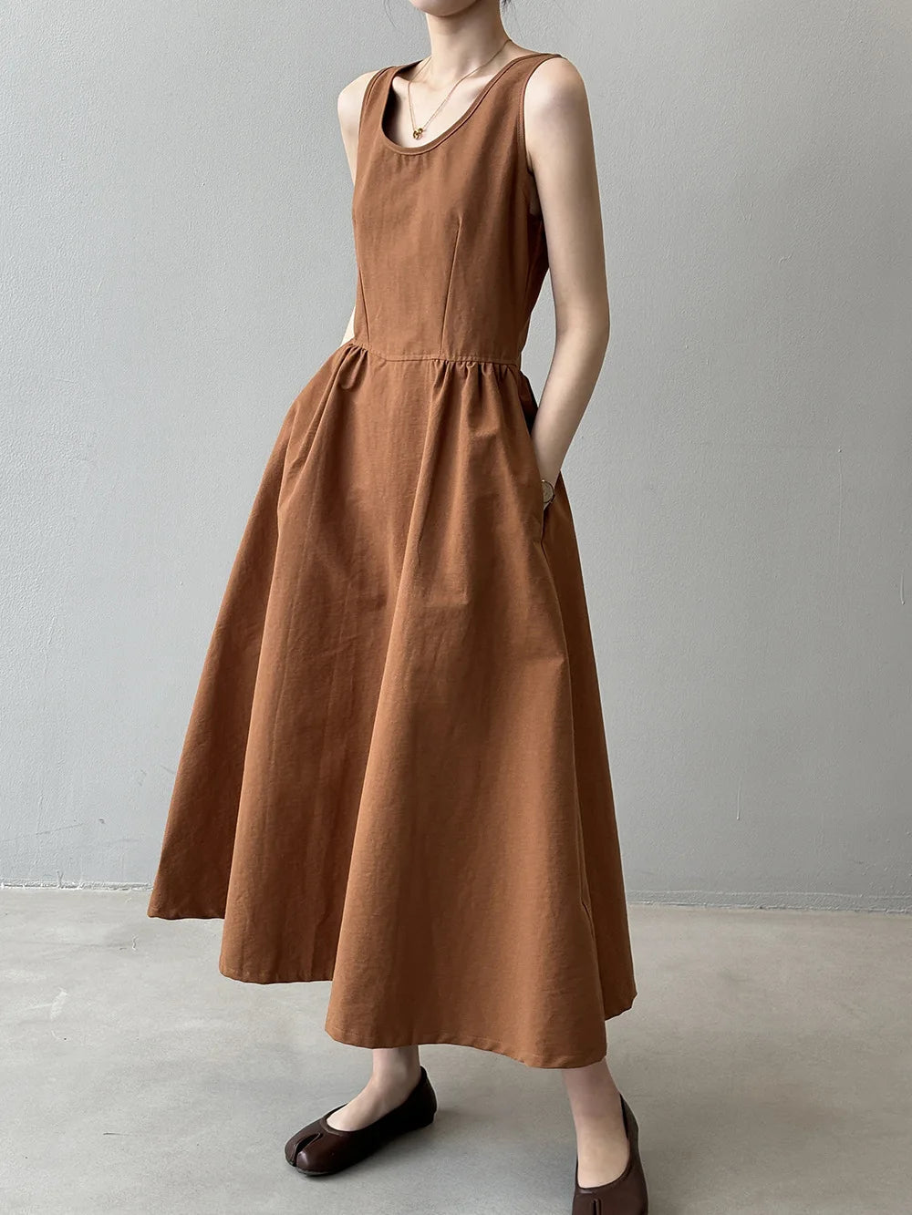 Aiertu  -  Fashion Sleeveless Long Dress Cotton Blend Solid Color Casual Summer New Dress A-line Backless Vacation Beach Dresses For Women Aiertu