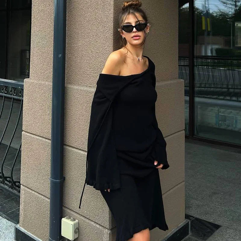 Aiertu  -   Elegant Knitted Sweater Maxi Dress Outfits For Women Flare Sleeve Sexy Backless Lace Up Dress Knitwear Party Clothes Lady Aiertu