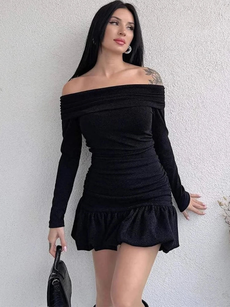 Aiertu  -  Off Shoulder Slim Ruffle Dress Female Bodycon Long Sleeve High Waist Pleated Mini Dresses Elegant Evening Sheath Dress Aiertu
