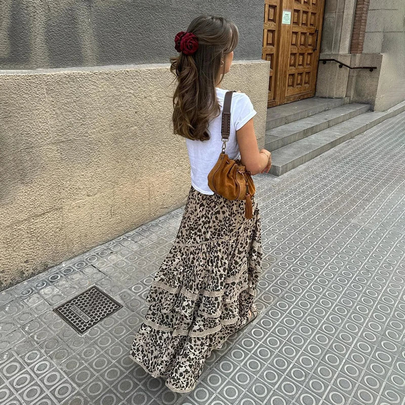 Aiertu  -  Summer New Leopard Printed Maxi Skirt Women's Ruffled Patchwork Fashion Loose High Waist Bandage Female Club Party Skirt Aiertu
