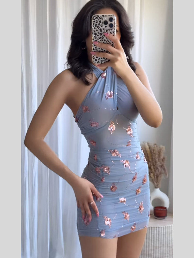Aiertu  -  Elegant Sequin Blue Mini Evening Dress 2025 Sexy Halter Slim Fit Short Dresses Women High Waist Backless Party Lady Chic Vestido Aiertu