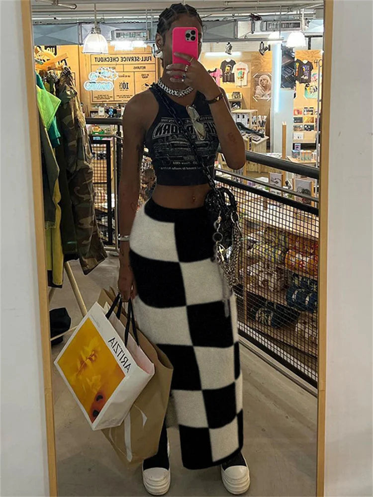 Aiertu  -  Classic Women Skirts Checkerboard Knit Side Split Skinny Vintage Fashion Wild Streetwear High Waist Maxi Straight Skirt Aiertu