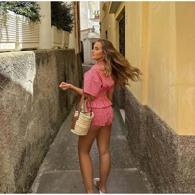 Aiertu    -  Fashion Women's Grid Shirts Shorts Suit Waist-Closed Short Sleeve Turn-Down Collar Lady Sets 2025 Summer 2 Piece Set Aiertu