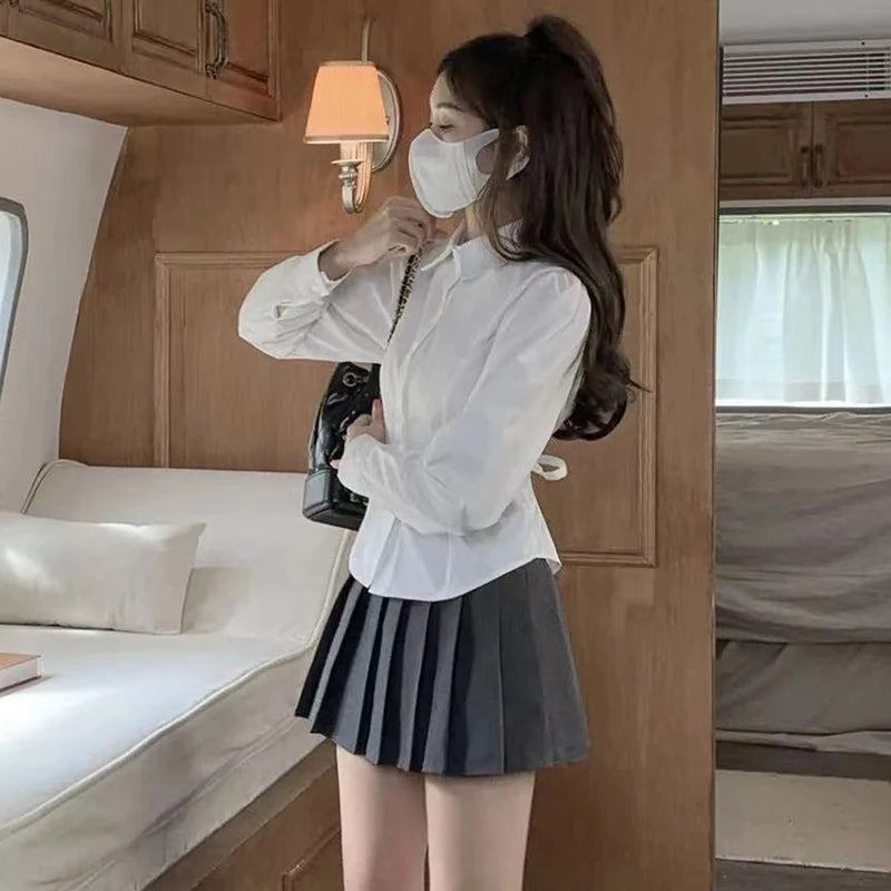 Aiertu Women's White Shirt Korean Preppy Style Long Sleeve Turndown Collar Blouse School Girl Uniform Student Slim Shirts Aiertu