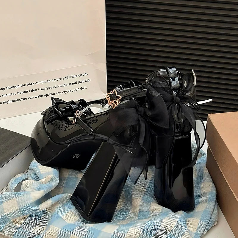Aiertu  -    Platform High Heel Women's Mary Jane Shoes Fashion Butterfly-knot Shoes Spring Autumn Wedding Party Shoes Aiertu