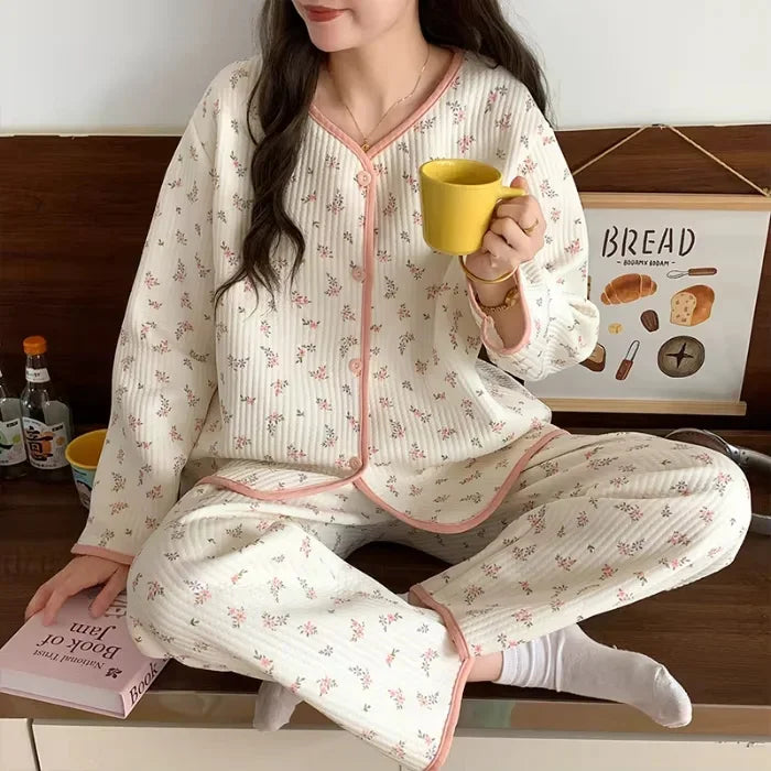 Aiertu  -  Autumn And Winter Air Sandwich Cotton Pajamas Women Cardigan Long Sleeve Trousers New Cartoon Sketch Rabbit Cute Homewear Sets Aiertu