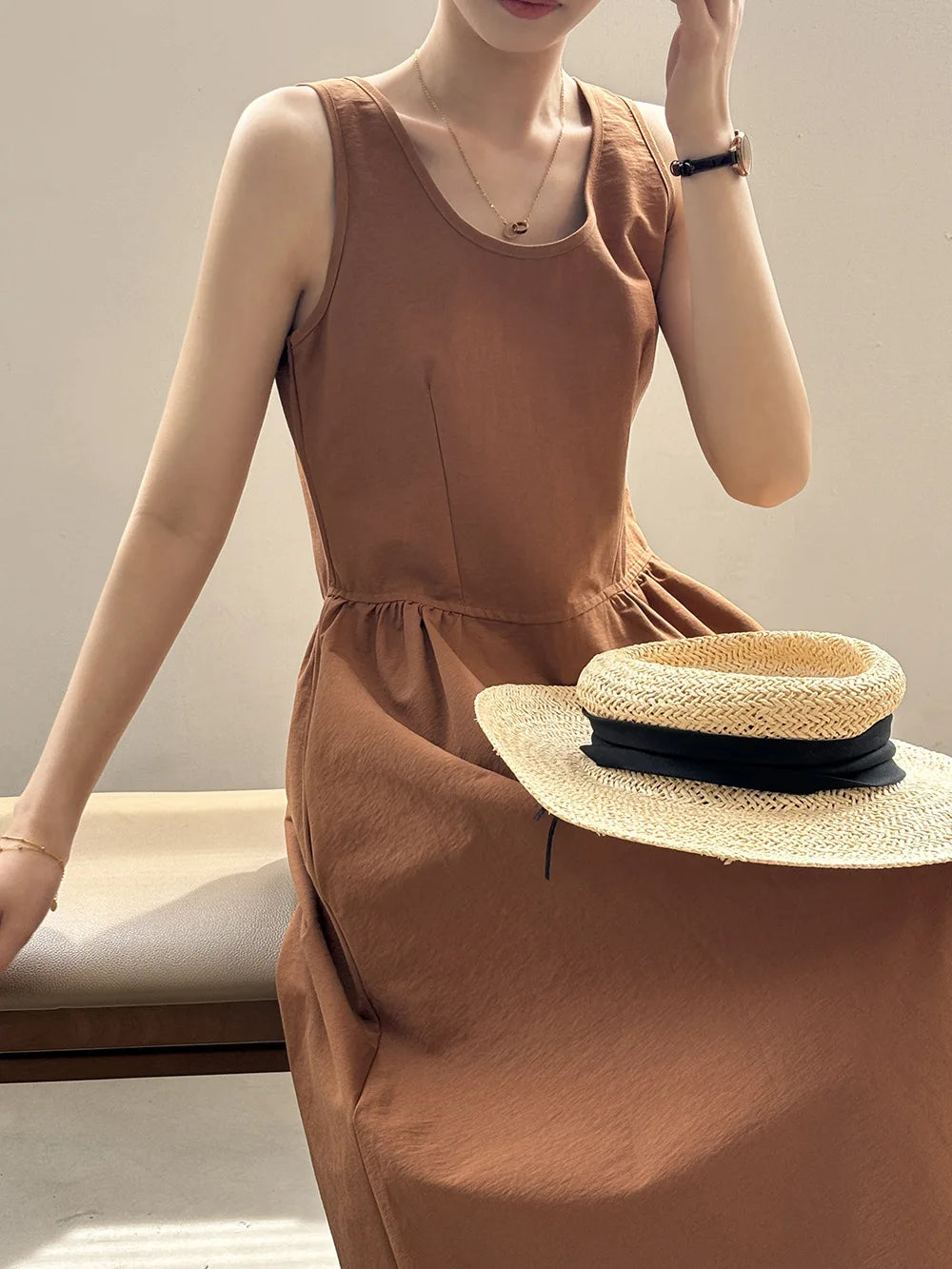 Aiertu  -  Fashion Sleeveless Long Dress Cotton Blend Solid Color Casual Summer New Dress A-line Backless Vacation Beach Dresses For Women Aiertu