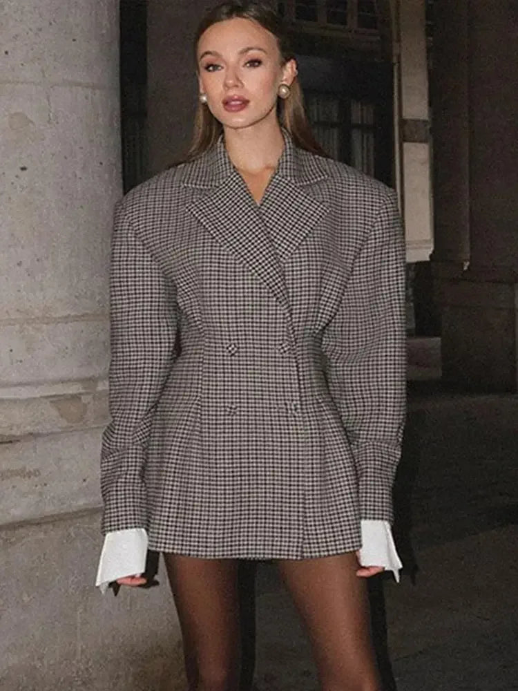 Aiertu  -   Breasted Plaid Women Coat Full Sleeve Lapel Female Jacket 2025 Fashion Elegant Blazer Slim Shoulder Pads Lady Outerwear Aiertu