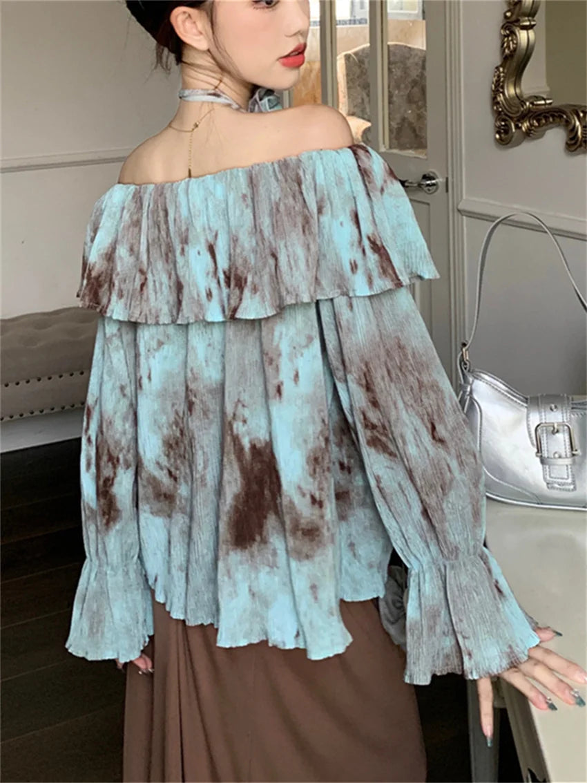 Aiertu  -  Blue Retro Blouses Daily Tie-Dying Ruffles Autumn Chic Loose Slash Neck Slim Office Lady Full Sleeve Ruffles Aiertu