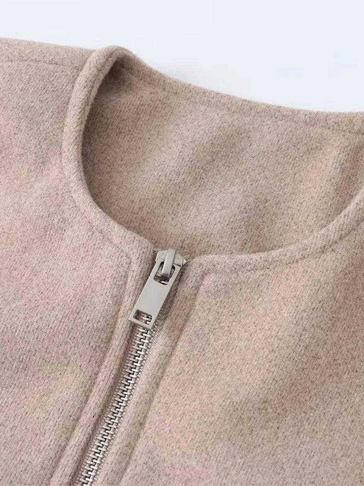 Aiertu  -  Women Fashion Zip O-neck Bomber Cropped Jacket Casual Solid Pockets Long Lantern Sleeve Short Loose Coat 2026 New Lady Outerwear Aiertu