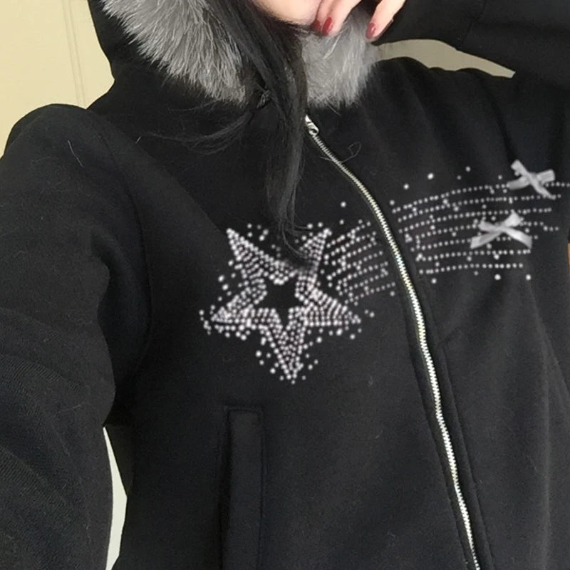 Aiertu  -  casual winter outfits Y2K Furry Hoodies Women Fashion Star Rhinestone Bow Patchwork Zipper Jacket Harajuku Grunge Hooded Coat Korean Girl Aiertu