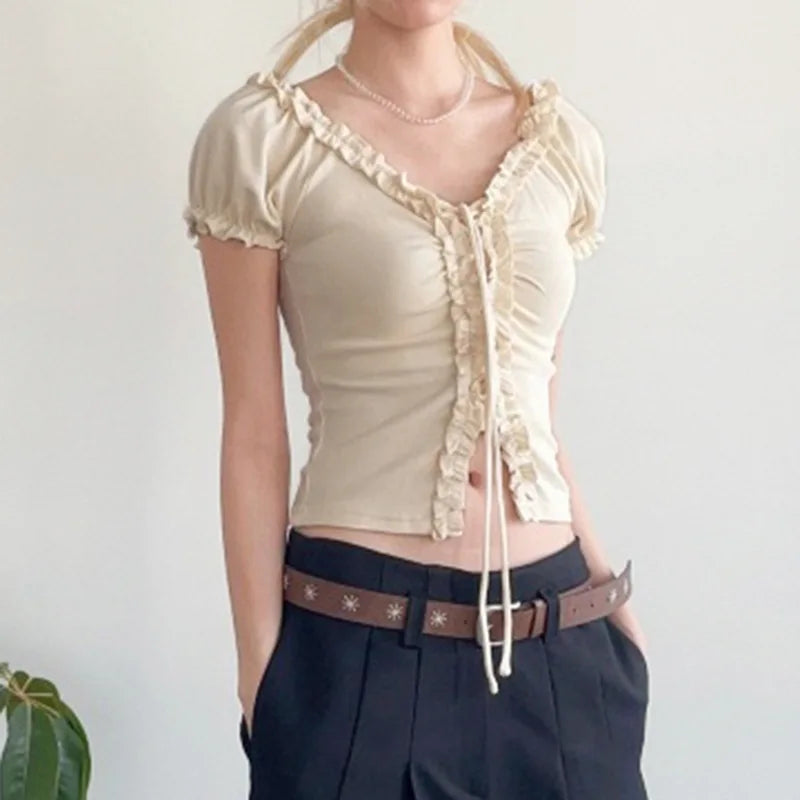 Aiertu  Women Y2k Aesthetic Ruffled Bandage T-shirt Summer Harajuku Fairy Vintage Slim Fit Tees Grunge Cropped Pleated Tops Streetwear Aiertu