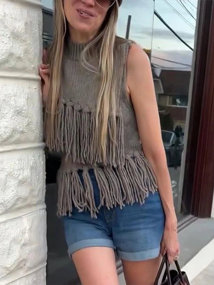 Aiertu  -  Tassels Knit Vests Women Casual Loose Half Neck Sleeveless Hollow Out Vest Female Fashion Solid Soft New Knitwears Lady Aiertu