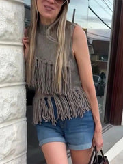 Aiertu  -  Tassels Knit Vests Women Casual Loose Half Neck Sleeveless Hollow Out Vest Female Fashion Solid Soft New Knitwears Lady Aiertu