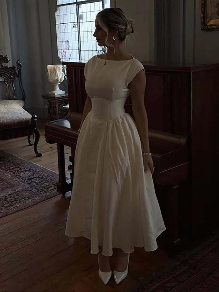 Aiertu  -  Elegant Pleated Dress Women O-neck Sleeveless Backless High Waist A-line Dresses Female 2025 Spring Summer Chic Casual Lady Robe Aiertu