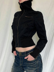 Aiertu - summer inspo Korean Street Style Black Zip Up Turtleneck Slim Long Sleeve Bomber Jackets For Women Autumn New Fashion Gothic Outwears Aiertu