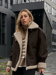 Aiertu  -  Vintage Plush Suede Zipper Jackets Women Casual Loose Lapel Brown Jacket Coats With Pockets Female Winter Warm Street Outwear Aiertu