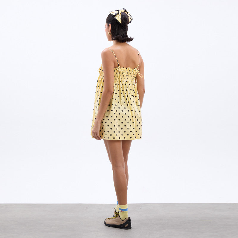 Aiertu  Lovely Butter Yellow Mini Halter Dress Sleeveless Loose Spot Lace Up Vestidos Ruffles Edge Robes 2025 Lady Cute Short Dresses Aiertu