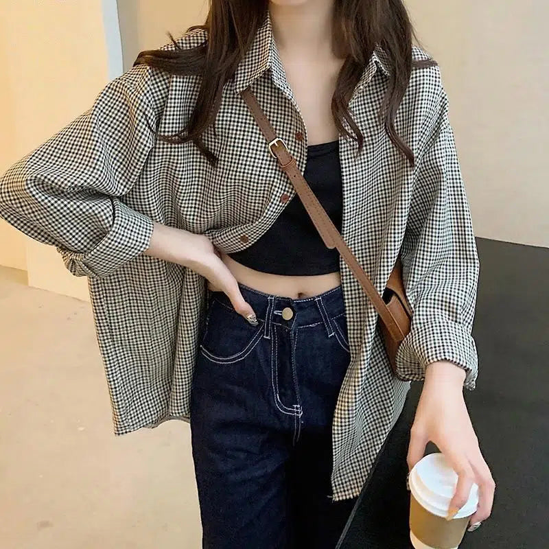 Aiertu Plaid Shirts Women Retro Turn Down Collar Long Sleeve Loose Blouses Harajuku Korean Office Lady Basic Casual Baggy Tops Aiertu