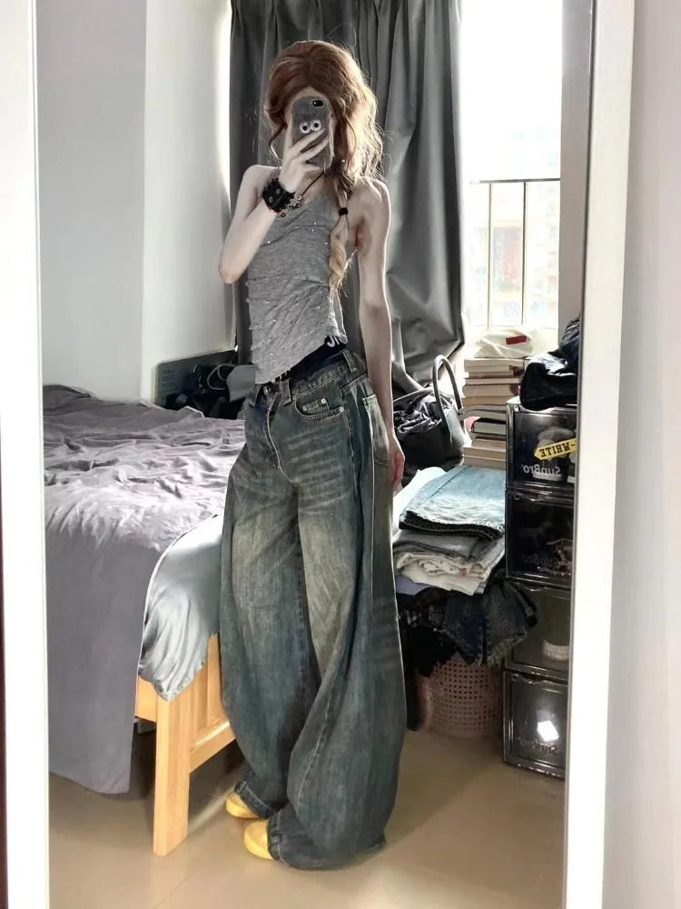 Aiertu  Y2k Vintage High Street Wide Leg Jeans Women American Retro Casual  All-match Streetwear Denim Trousers 2000s Female Aiertu