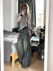 Aiertu  Y2k Vintage High Street Wide Leg Jeans Women American Retro Casual  All-match Streetwear Denim Trousers 2000s Female Aiertu
