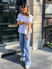 Aiertu  -  Back Lace Up Bow Shirt Top Square Collar Hollowed Out Casual Temperament Waist Cinching Summer Women White Short Sleeved Blouse Aiertu