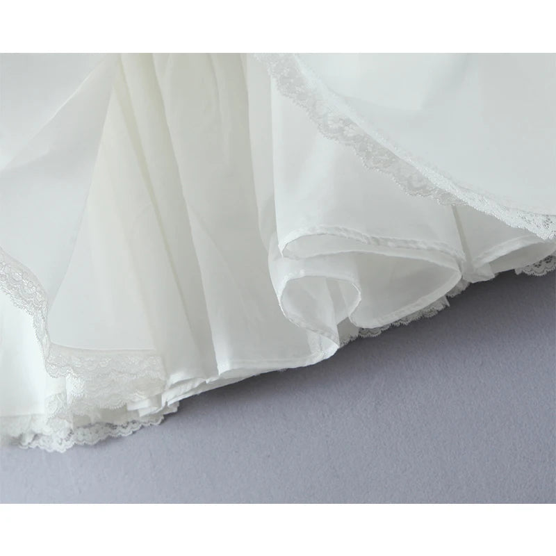 Aiertu  -  Romantic Women Patchwork Lace Sling Sexy Dress Round Neck Low Waist Pleated Swing White Party Mini Dresses Birthday Robe Aiertu