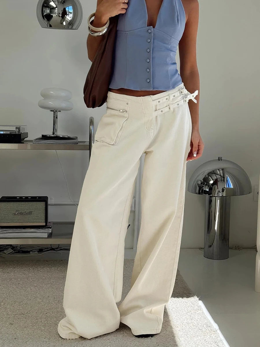 Aiertu  -  Pocket Adjustable Waist Wide Leg Pant Women Low Rise Waist Baggy Denim Trouser Streetwear Fashion Vintage Jeans Femme Summer New Aiertu