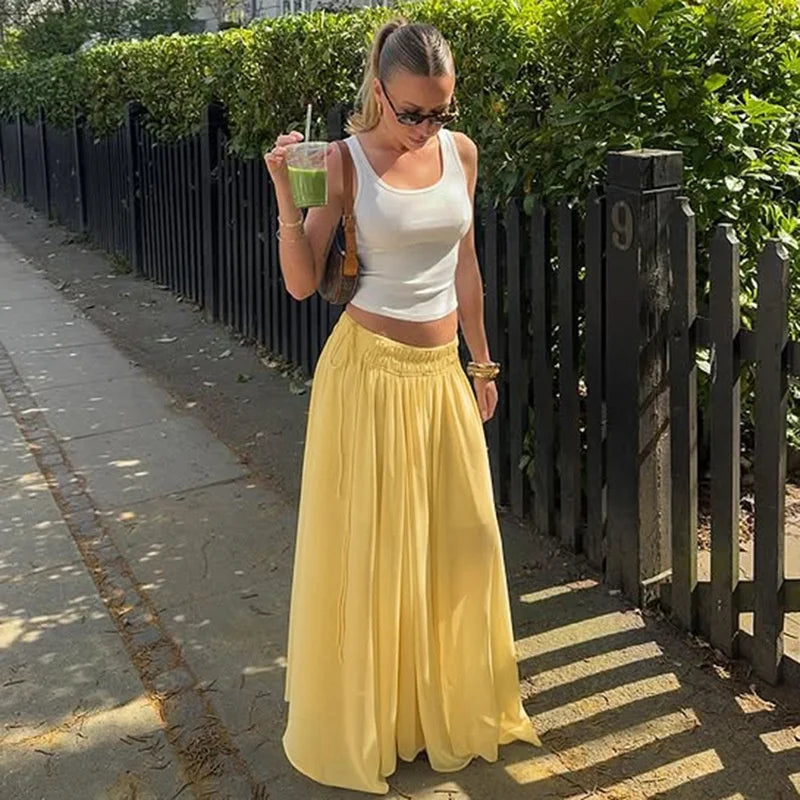 Aiertu  -  Slim Drawstring Pleated Long Skirt For Women Elastic Waist Solid Color High Waist Fashion Patchwork Female Long Skirt Aiertu