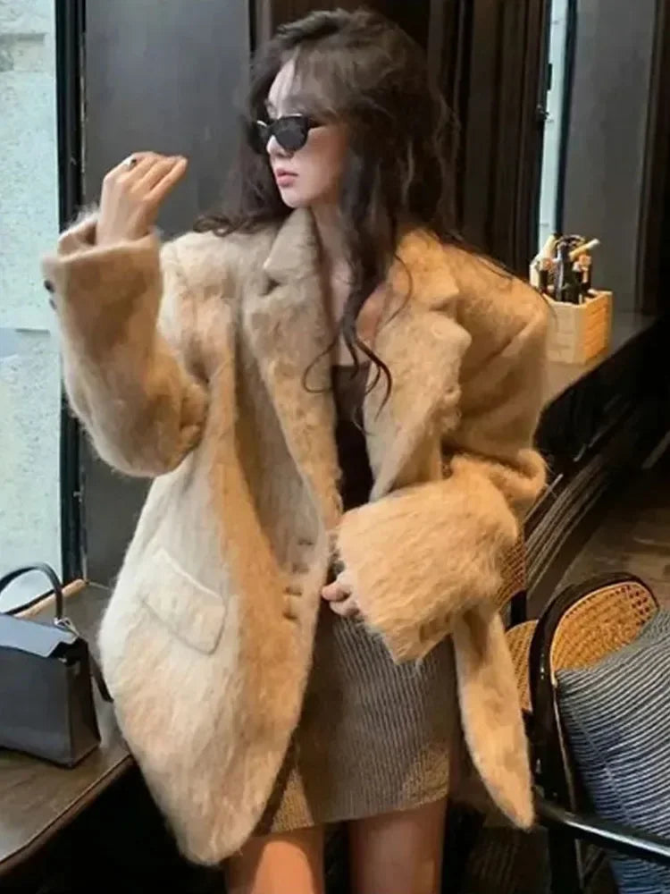 Aiertu  -  Loose Lapel Plush Jacket Female 2026 Autumn Winter New Warm Solid Button Long Sleeve Coat Office Lady Outwear Elegant Aiertu