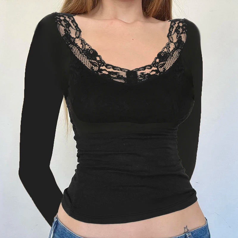 Aiertu  -  Lace Trim Crew Neck Long Sleeve T-shirt Vintage Y2K Black Fitted Crop Top Spring Casual Basic Elegant Lady Top Street Aiertu