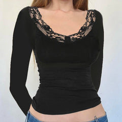 Aiertu  -  Lace Trim Crew Neck Long Sleeve T-shirt Vintage Y2K Black Fitted Crop Top Spring Casual Basic Elegant Lady Top Street Aiertu