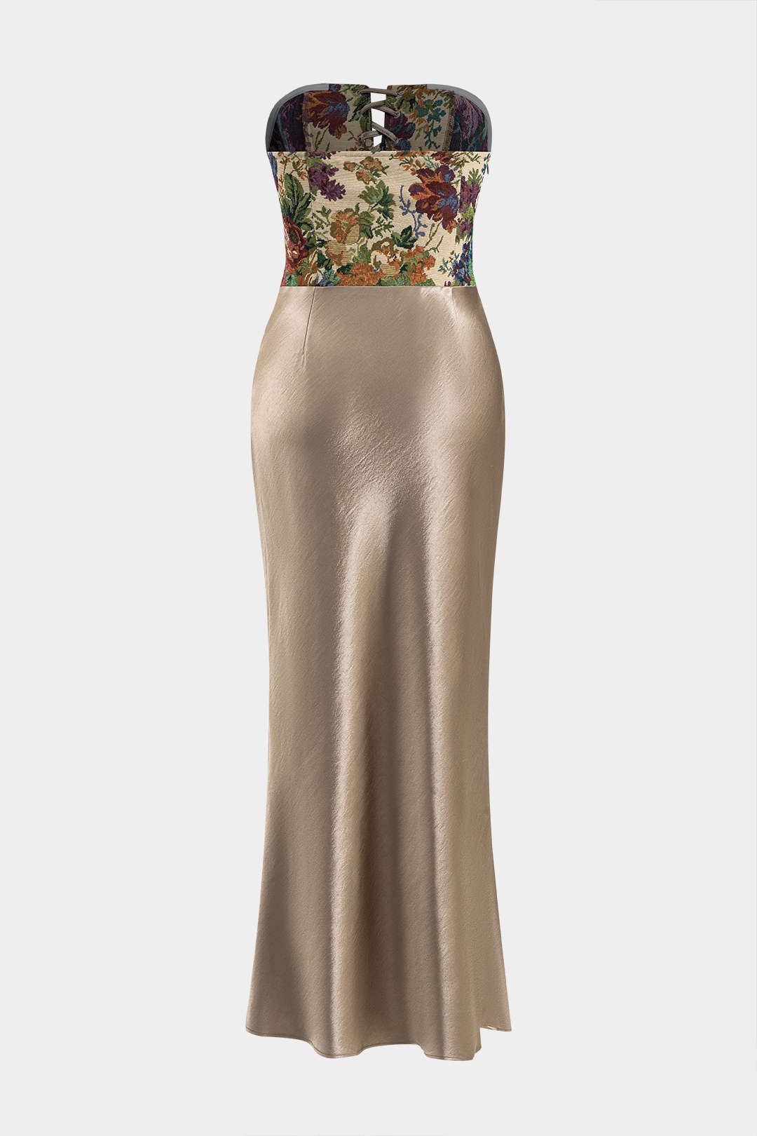 Aiertu  -  Satin Embroidery Ruched Drawstring Strapless Maxi Dress Aiertu