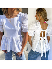 Aiertu  -  Back Lace Up Bow Shirt Top Square Collar Hollowed Out Casual Temperament Waist Cinching Summer Women White Short Sleeved Blouse Aiertu