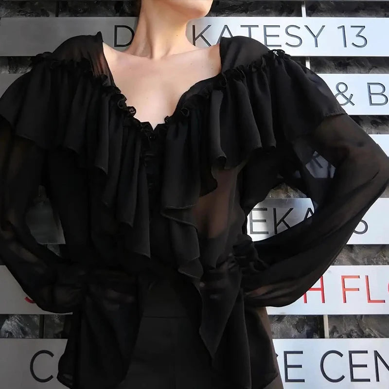 Aiertu  -  Fashion Women's Ruffle Shirts Loose V-neck Long Lantern Sleeve Female Blouses 2025 Spring Summer Lady Sexy See Through Shirt New Aiertu