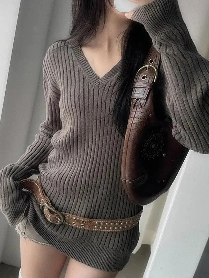 Aiertu  -Vintage V-Neck Striped Long Sleeve Sweater aiertu