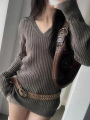 Aiertu  -Vintage V-Neck Striped Long Sleeve Sweater aiertu