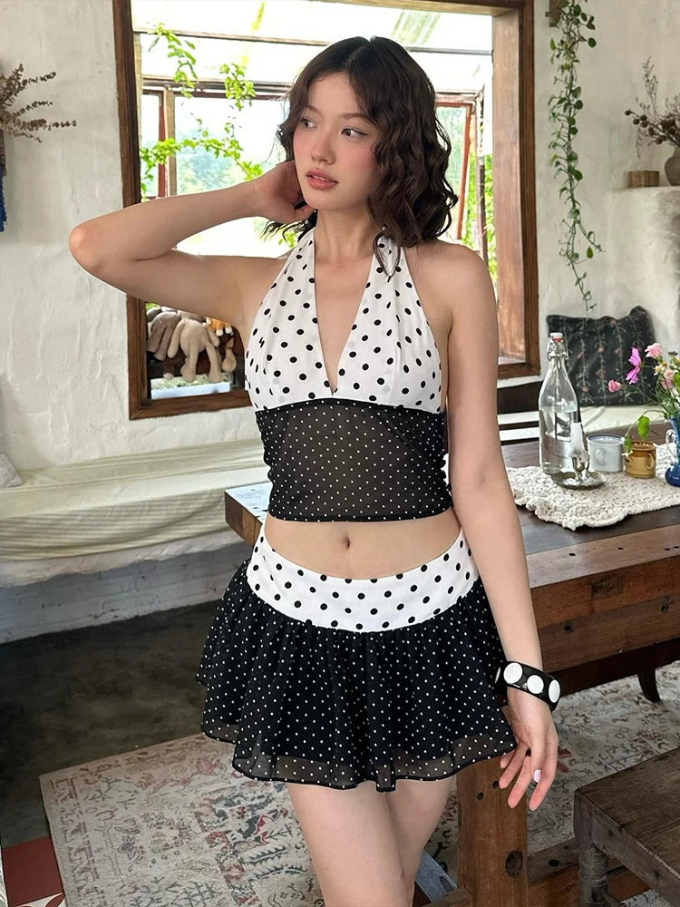 Aiertu  -  Puss Patchwork 2-Piece Set Women Y2K Polka Dot Print Halter Backless v-Neck Tank Tops + Folds Skirts Summer Matching Suit Aiertu