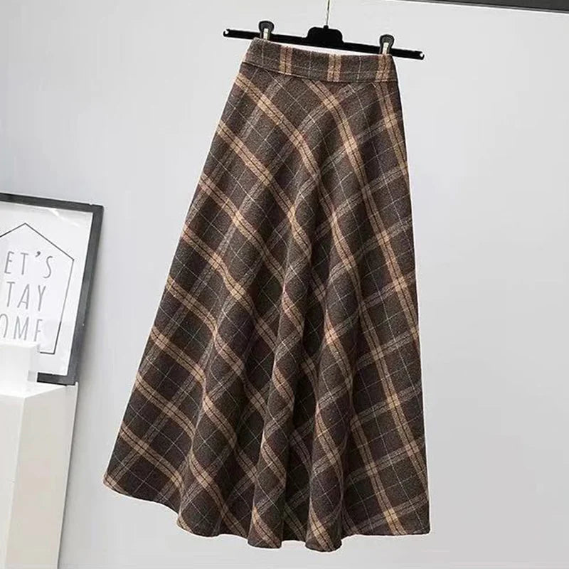 Aiertu Autumn Winter Woolen Skirt Women Korean Style Thick High Waist Long Skirt Woman A Line Pleated Plaid Skirt Female Aiertu