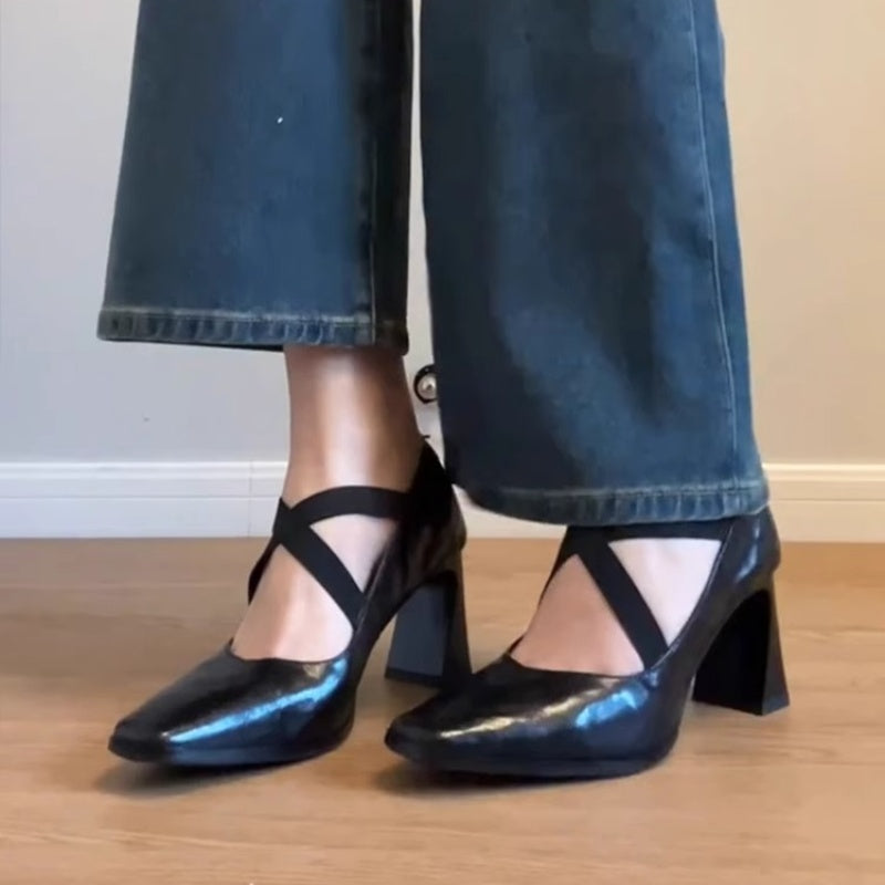 Aiertu  Shoes Sexy Heels Sandals Ladies Square Toe Genuine Leather Retro Pumps Slip On Shallow Mouth Mary Jane Crossdressers Sheepskin A Aiertu