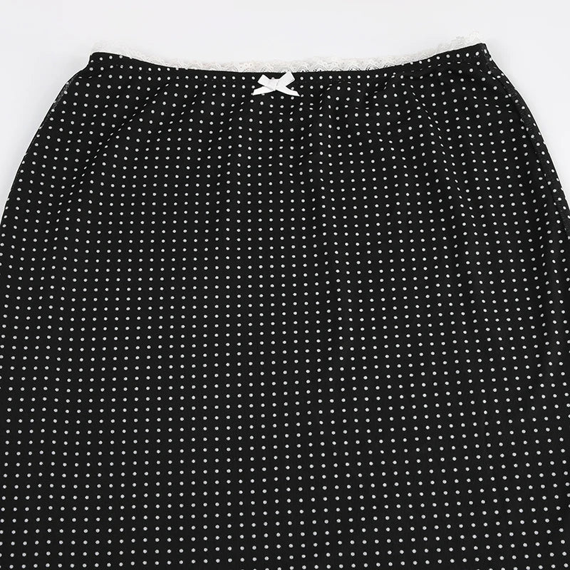 Aiertu  -  Elegant Chic Polka Dot Mesh Skirt Women Lace Trim Bow Vintage Fashion Party Long Skirts Double Layer Bottoms Outfits Aiertu