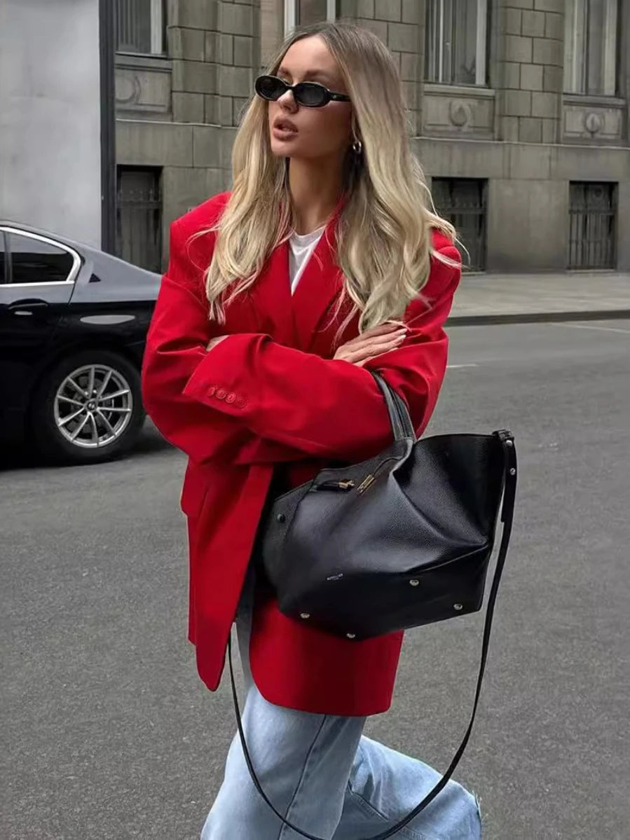 Aiertu  -  Women's Red Suit Temperament Shoulder Pads Loose Coat Collar Pocket Casual Cardigan Fashion Office Ladies Suit Jacket Aiertu