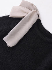 Aiertu  -  casual winter outfits Bow Patchwork Knitted Pullover Women Half Sleeve O-neck Female Sweater 2024 Autumn Winter Fashion Elegant Black Lady Knitwear Aiertu